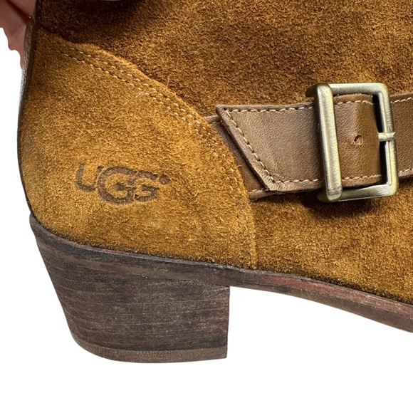 UGG Wright Boots Women’s 6.5 Belted Brown Suede Ankle Chukka Booties Leather - Picture 8 of 14